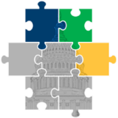 A collection of puzzle pieces put together, with the colors of the corrosponding legislation colored in (others are grayed out): PLACE, CREATE, and PATPA